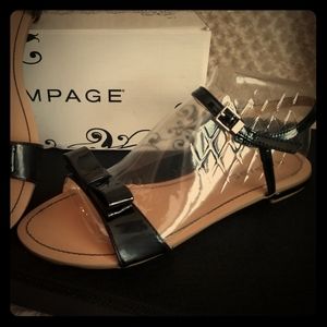 Black Patent Leather Sandal With Front Bow. NEW